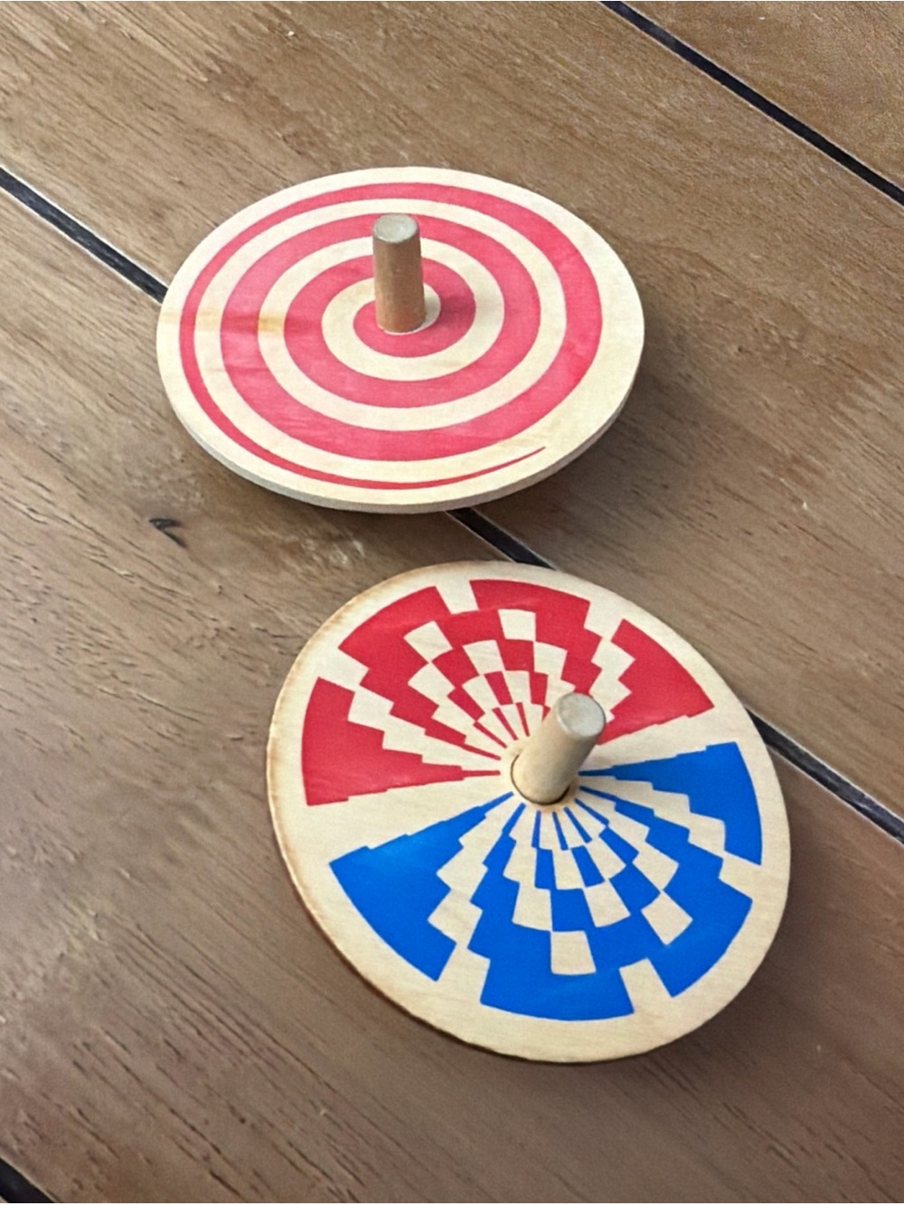 Classic Wooden Vintage Whimsical Spinning Tops - Red, Blue Design Set of 2